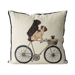 Pug Family on Bicycle pillow Cream