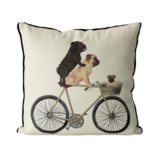 Pug Family on Bicycle pillow Cream