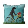 Black Lab on Bike Pillow with sky background front
