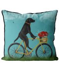 Black Lab on Bike Pillow with sky background front