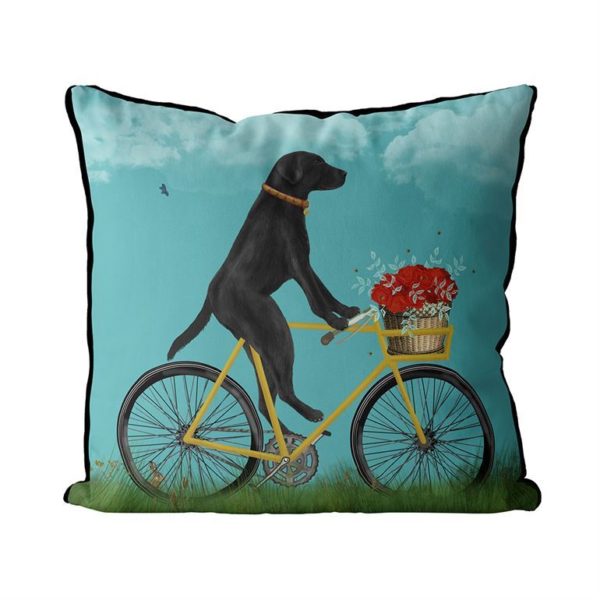 Black Lab on Bike Pillow with sky background front