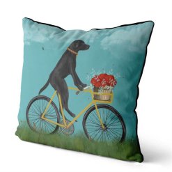 Black Lab on Bike Pillow with sky backround