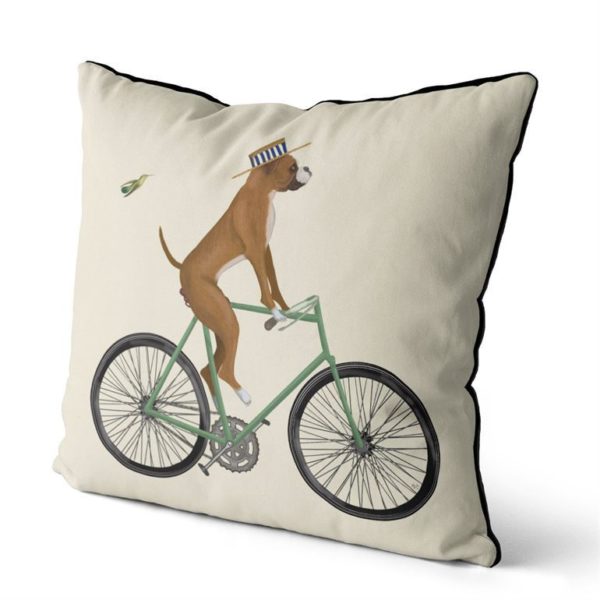 Boxer on bike pillow cream background