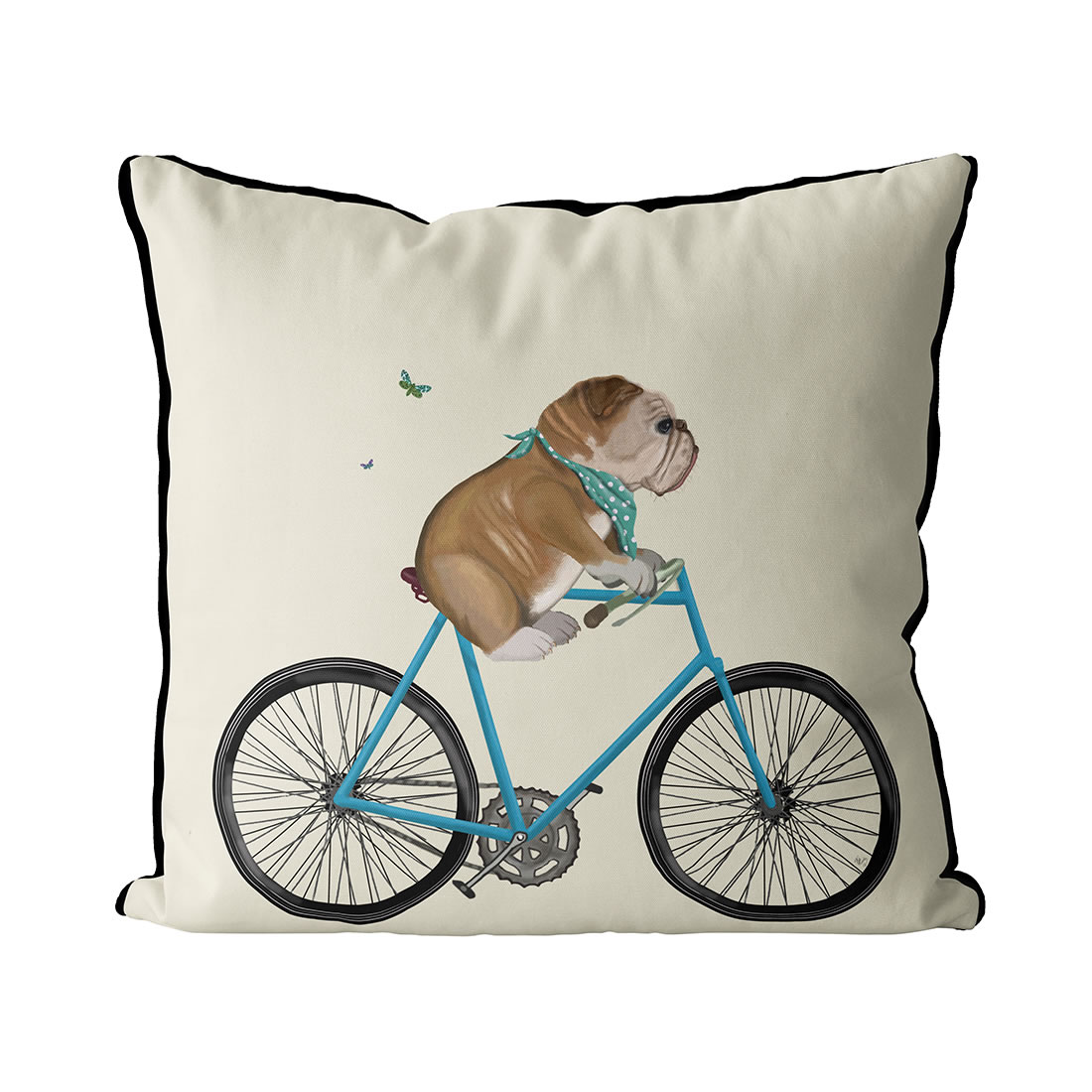 English bulldog on bicycle cream color