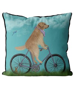 Golden Retriever on bike pillow in Sky