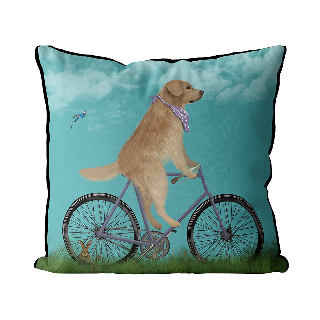 Golden Retriever on bike pillow in Sky