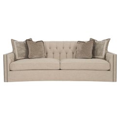 This upholstered sofa front shown in woven sand color fabric.