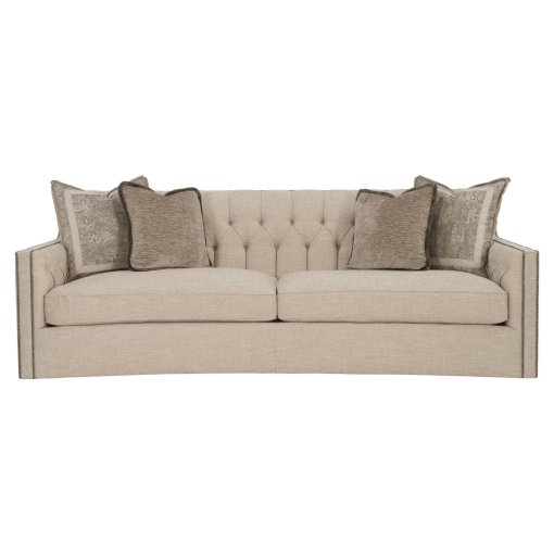 This upholstered sofa front shown in woven sand color fabric.