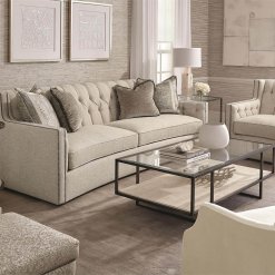 Candace upholstered sofa in sand color fabric lifestyle.