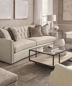 Candace upholstered sofa in sand color fabric lifestyle.