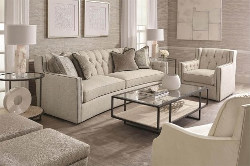 Candace upholstered sofa in sand color fabric lifestyle.