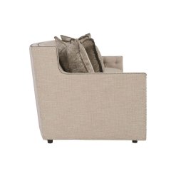 This upholstered sofa side shown in woven sand color fabric.