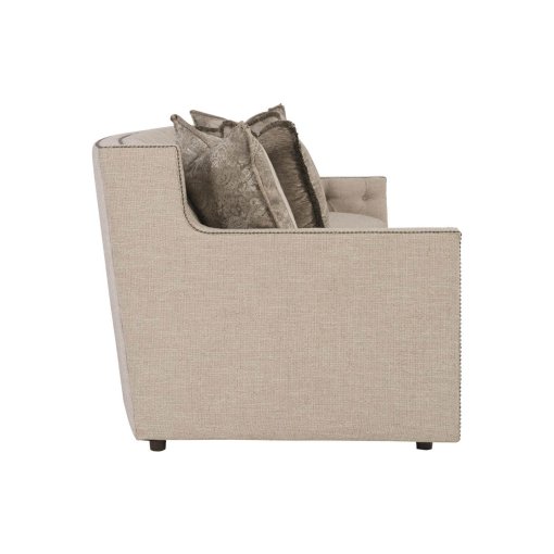 This upholstered sofa side shown in woven sand color fabric.