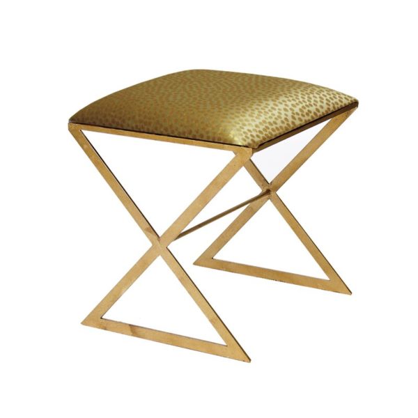 X Side stool in gold dot upholstery and gold leaf legs