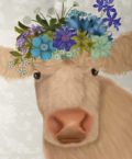 Bohomian Curly Cow with floral crown pillow closeup