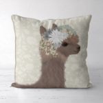 Llama with floral crown pillow front view