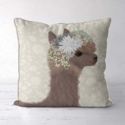 Llama with floral crown pillow front view