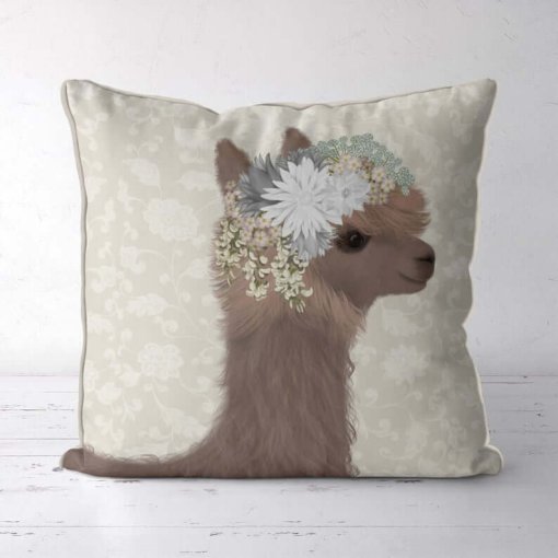Llama with floral crown pillow front view