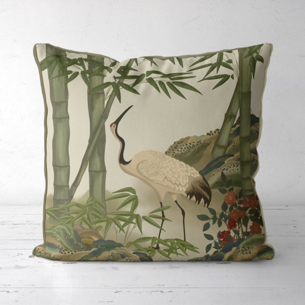 Crane in a bamboo garden Pillow on Spanish white fabric.