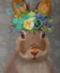 Farmhouse rabbit w floral crown in gray, closeup.