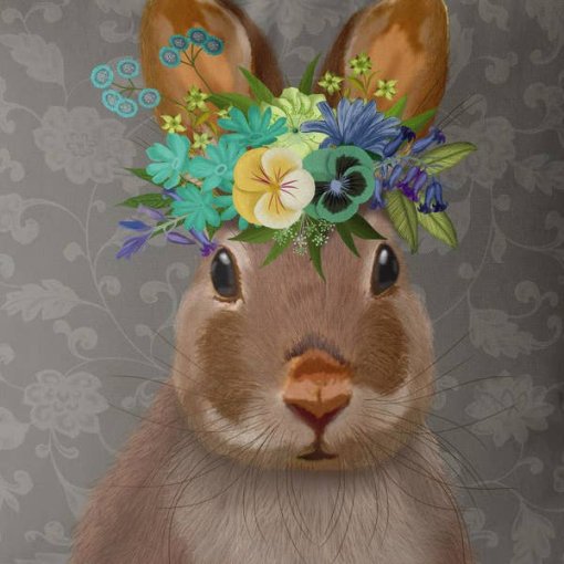 Farmhouse rabbit w floral crown in gray, closeup.