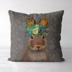 Farmhouse rabbit w floral crown in gray.