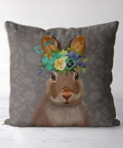 Farmhouse rabbit w floral crown in gray.