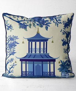 Pillow with Pagoda design in blue w bell shapes