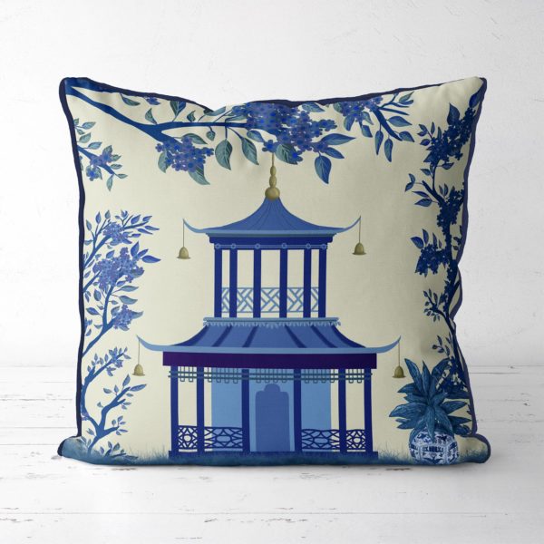 Pillow with Pagoda design in blue w bell shapes
