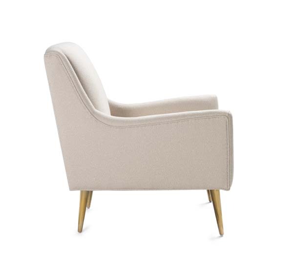 Wrenn Ivory lounge chair with brass legs side view.
