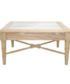 Cerused Natural oak square coffee table with glass top. Front view.