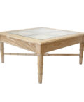 Cerused Natural oak square coffee table with glass top. Angled view.