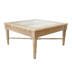 Cerused Natural oak square coffee table with glass top. Angled view.