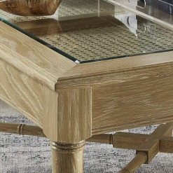 Noreen Coffee table in Natural perused oak closeup of center panels.