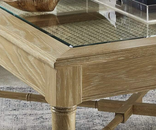 Noreen Coffee table in Natural perused oak closeup of center panels.