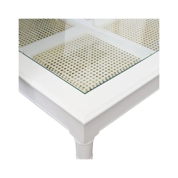 Noreen coffee table in white, close up of caned panels & glass.