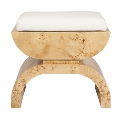Burl wood bench with ivory linen upholstery front view.