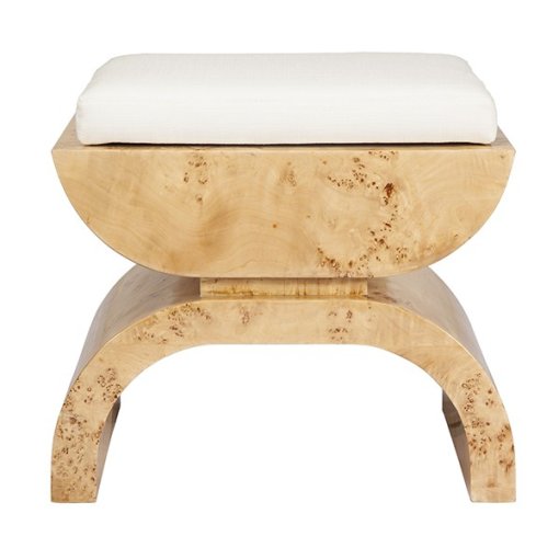 Burl wood bench with ivory linen upholstery front view.