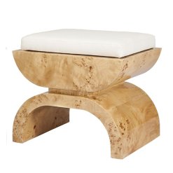 Burl wood bench with ivory linen upholstery side view.