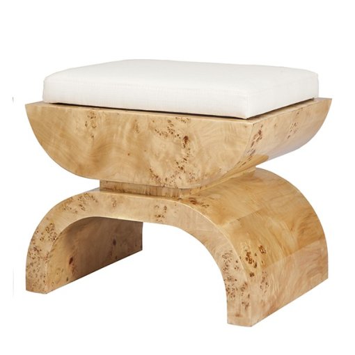Burl wood bench with ivory linen upholstery side view.