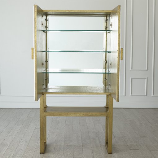 Gypsum bar cabinet with front doors open.