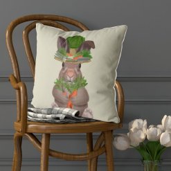 Pillow with Bunny wearing a hat with garden tools.
