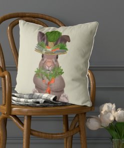 Pillow with Bunny wearing a hat with garden tools.