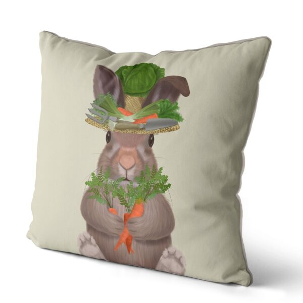 Pillow with Bunny wearing a hat with garden tools side angle