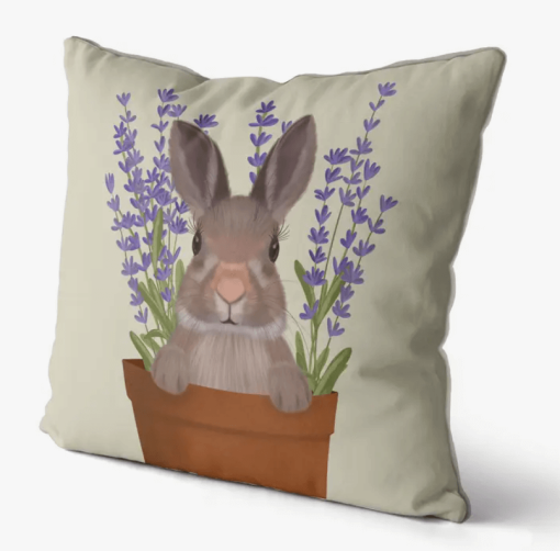 Bunny in pot of lavender angle view