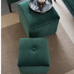 Green upholstered stools in a lifestyle photo.