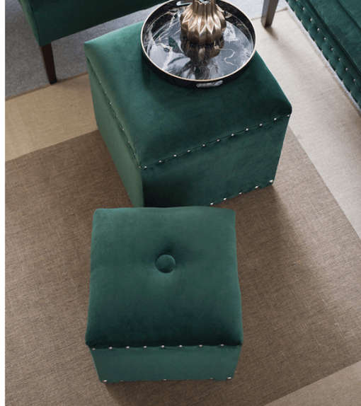 Green upholstered stools in a lifestyle photo.