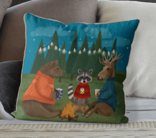 Bear, moose and raccoon at campfire pillow - Cabin Collection - Image 2