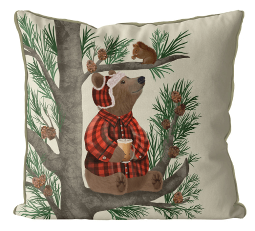 Pillow for sofa, with Bear in pine tree, & squirrel