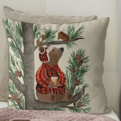 Pillow for sofa, with Bear in pine tree, & squirrel